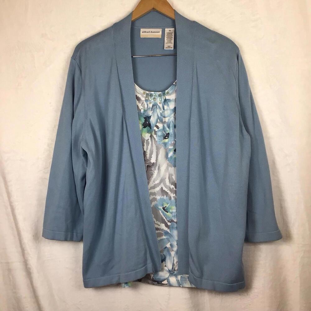 Alfred Dunner Women's Top Blouse White/Blue/Tan, 3/4 Sleeve, Size 3Xl